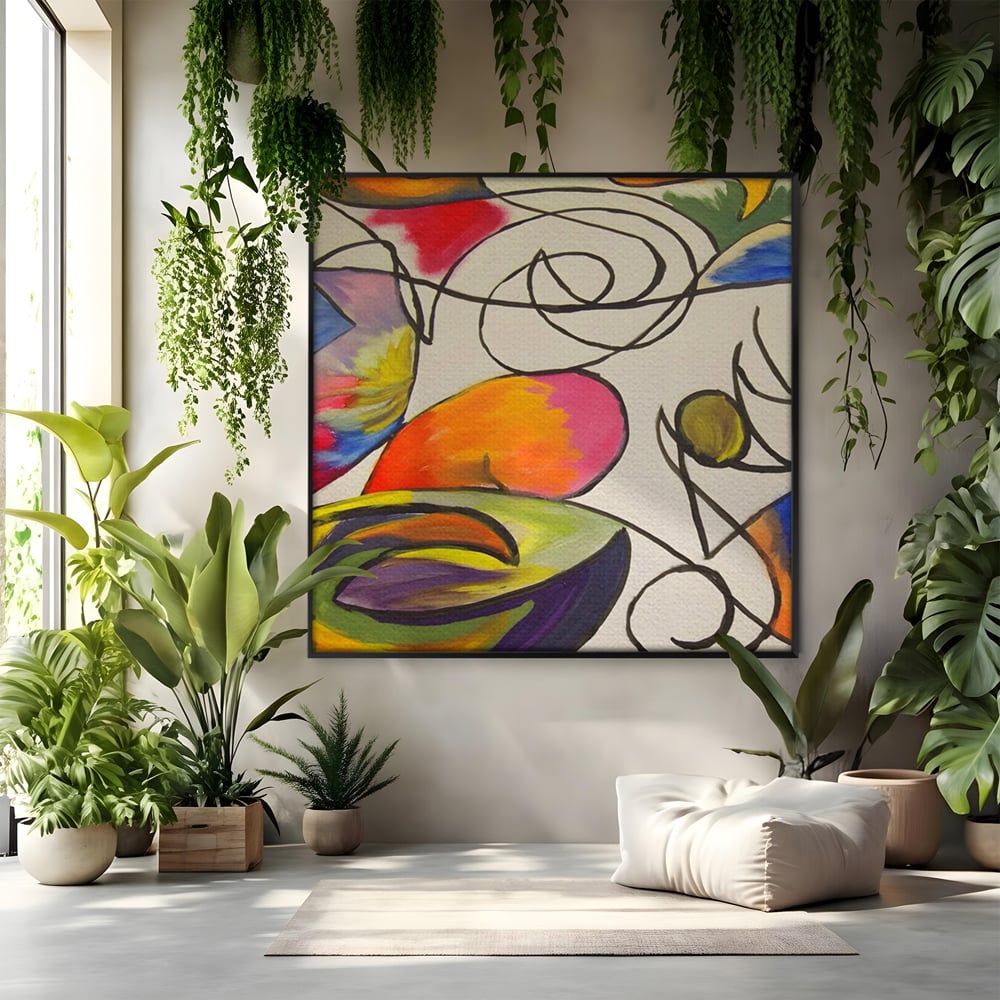 Tablou canvas cu pictura abstracta cu forme colorate si linii negre, in rama de aluminiu negru